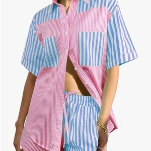 Striped Pink and Blue Button-Up Shirt